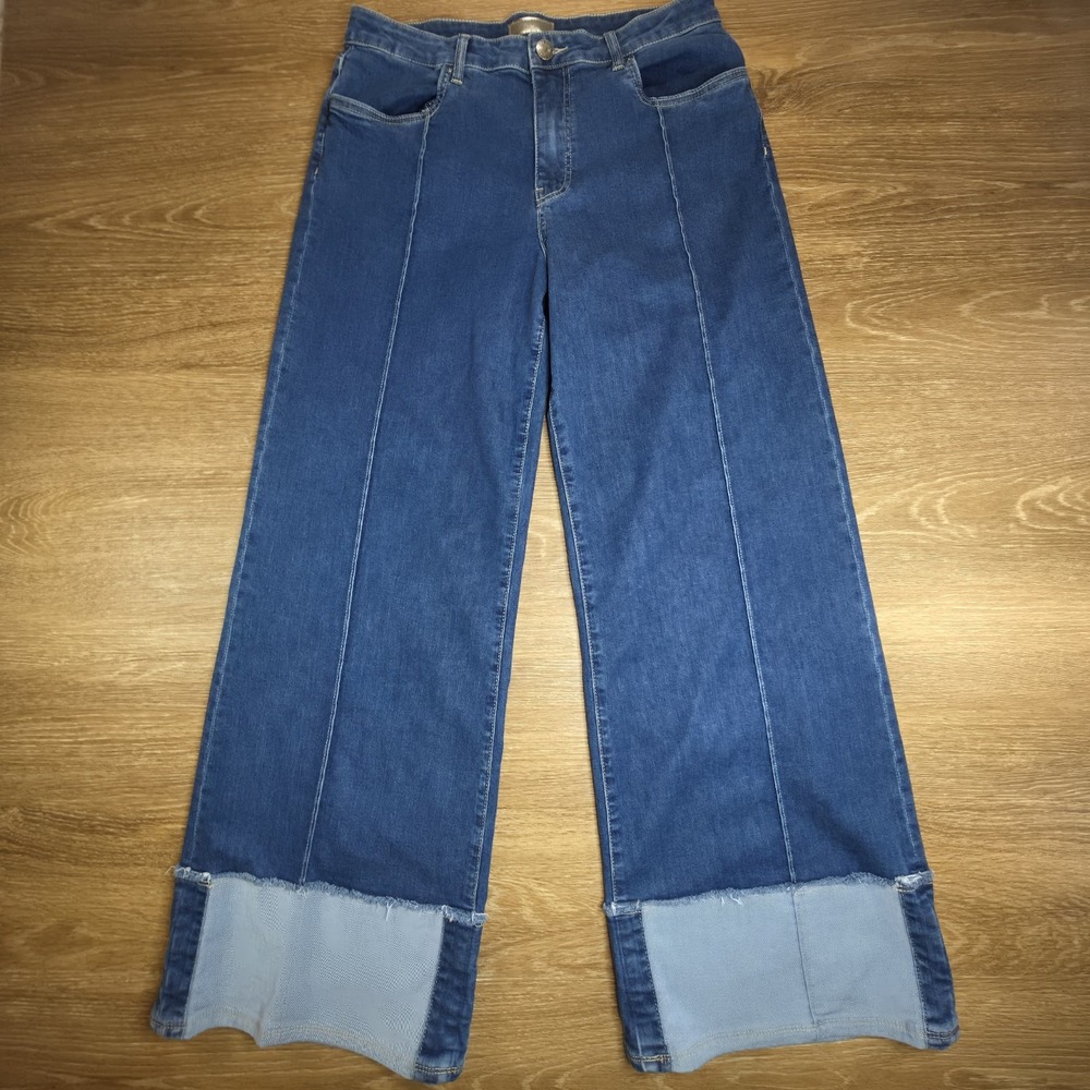 KUT from the Kloth Margo Wide Leg Jeans Women's 10 Blue Cuffed Pintuck High Rise - Picture 2 of 12